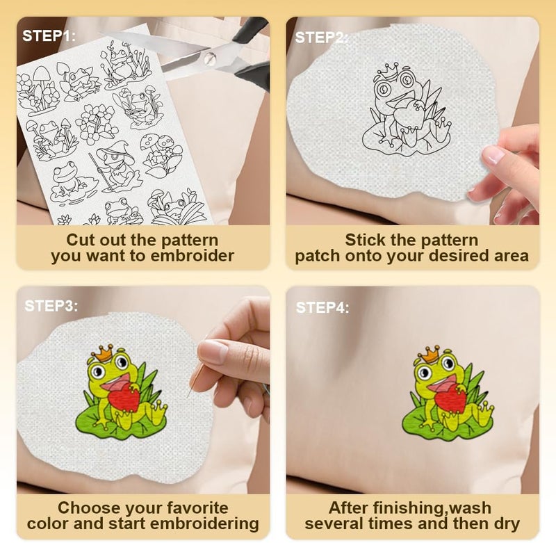 DOODLREAM 27Pcs Frog on Lotus Leaf Embroidery Pattern Stabilizers, 8.3"x11.7" Cartoon Frog Water Soluble Stick and Stitch Embroidery Stickers, 4 Sheets Hand Sewing DIY Embroidery Paper - Image 4